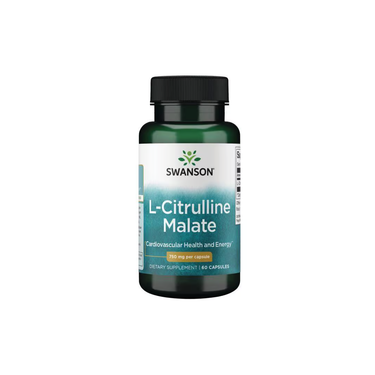 Swanson’s L-Citrulline Malate 750 mg offers 60 capsules in a green bottle, enhancing cardiovascular health and energy with this key amino acid.